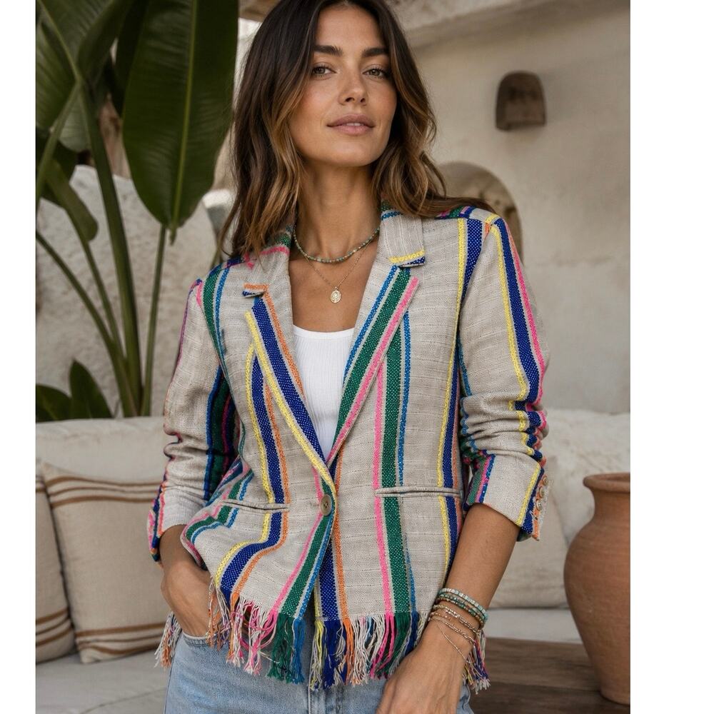 Ecru Striped Linen Fringe Bohemian Blazer Size XS New With Tags